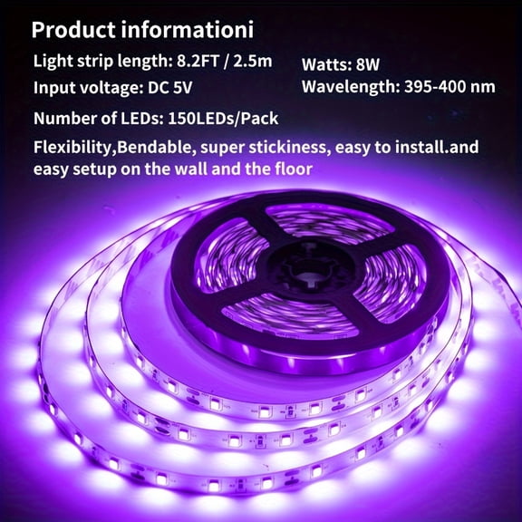 BIBEAR 8Pcs UV Black Light Set 432cm 40LEDs Bar +48.2ft 60LEDs/M Strip 385-400nm USB DC5V for Glow Neon Halloween Birthday Party Body Fluorescent Painting