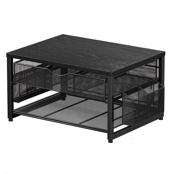 BIBEAR Heavy-Duty Metal Printer Stand (Black) - 2-Tier with Storage Drawer & 2 Pen Holders, Space-Saving Organizer for Printer/Fax/Scanner/Files, Portable Desktop Table for Home Office