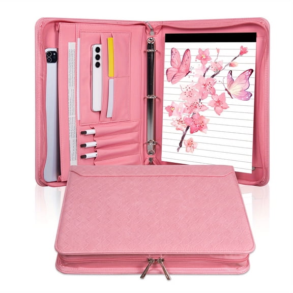 Stylish Pink Faux Leather 3-Ring Planner Organizer, Zippered A4 Padfolio with Pen Holder & Laptop Pocket, Ideal Christmas Valentine’s Day Gift for Women