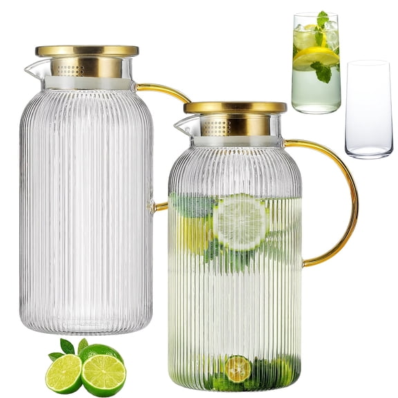 BIBEARBIBEAR 2/4 PACK Glass Pitcher With Lid, 68 Oz/ 2 Liter Classic Vertical Stripes Water Pitcher, Glass Water Carafe For Cold Brew, Coffee, Lemonade, Iced Sun Tea, Beverage, Milk, Heat Resistant