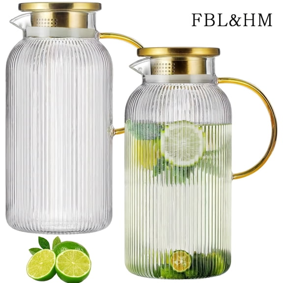 BIBEARBIBEAR 2/4 PACK Glass Pitcher With Lid, 68 Oz/ 2 Liter Classic Vertical Stripes Water Pitcher, Glass Water Carafe For Cold Brew, Coffee, Lemonade, Iced Sun Tea, Beverage, Milk, Heat Resistant