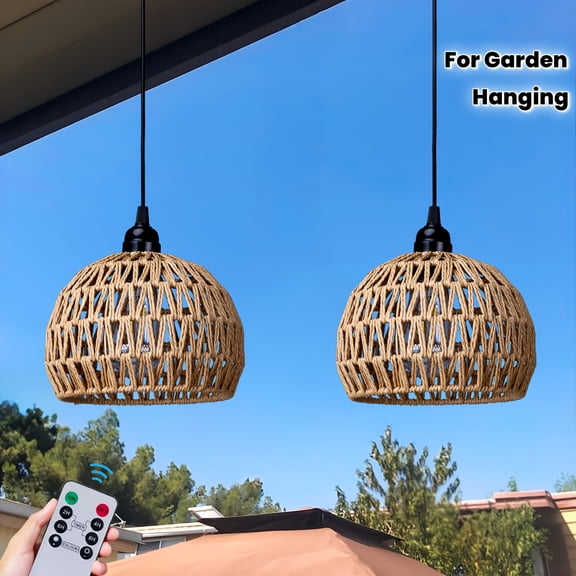 BIBEARBIBEAR 2-Pack Battery Operated Rattan Pendant Lights with Remote, Dimmable Hanging LED Chandeliers with Timer for Kitchen Island Patio Porch Pergola Gazebo