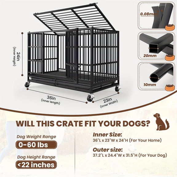 BIBEARBIBEAR 38/48/54 Inch Heavy Duty Escape-Proof Metal Dog Crate with Lockable Doors, Removable Pan & 4-Wheel Mobility, Adjustable Height Kennel for Medium/Large Breeds Indoor Outdoor Use