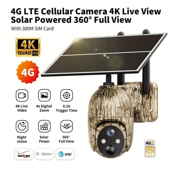 BIBEARBIBEAR 4G Solar LTE Trail Camera, 360° Pan Tilt 4K Live View, 2-Way Audio 0.2s Trigger, Built-in SIM 7-Day Free Data, Waterproof for Hunting Security
