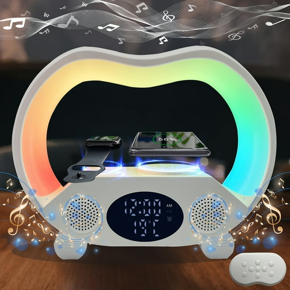 BIBEARBIBEAR 6-in-1 Night Light with RGB Lights | Wireless Speaker, Alarm Clock, Wireless Charging for Phone & Watch, Temperature Display, Ideal for Bedroom and Teen Gifts, Freestanding
