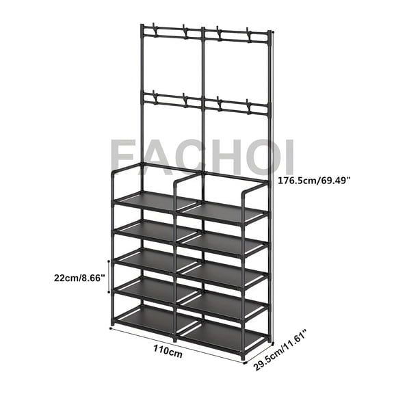 BIBEARBIBEAR 60cm Freestanding Metal Shoe & Coat Rack (Black) - Detachable Hooks, Multi-Layer. 3.2+ Cu Ft Capacity, Easy Assembly. Sturdy Durable, Modern Minimalist. Ideal for Home/Apartment Storage