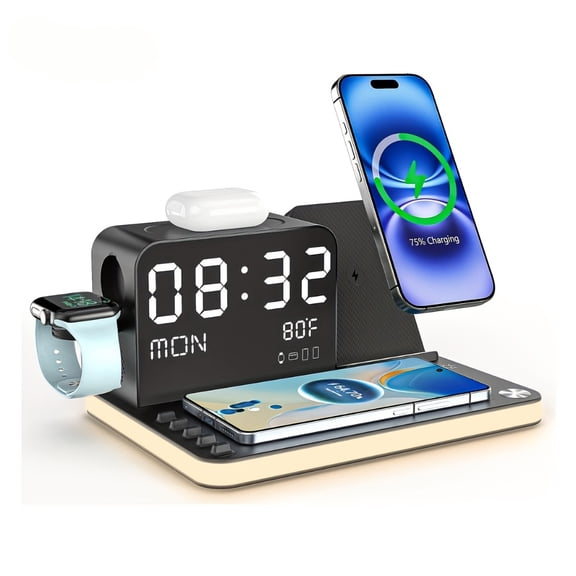 BIBEARBIBEAR 7-In-1 MagSafe Wireless Charging Station with Night Light & Clock, Dual Phone Charger for iPhone 16-11/AirPods/iWatch/Android, Black USB Fast Charger
