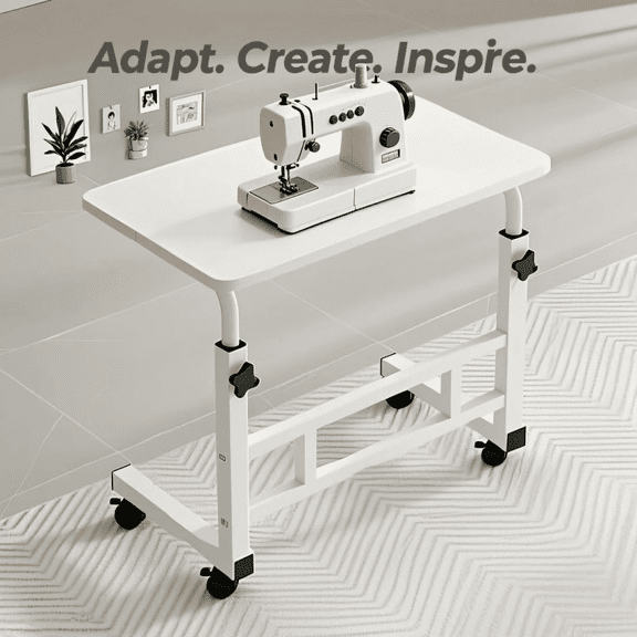 BIBEARBIBEAR Adjustable Height Mobile Table with Lockable Wheels Heavy-Duty Folding Craft Desk for Artists Sewing Workbench Space-Saving Hobby Table for Home Office Bedroom Black/White