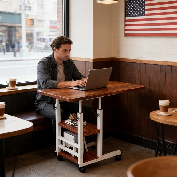 BIBEARBIBEAR Ergonomic Folding Table Adjustable Height Standing Desk with Wheels Storage Shelf Sturdy Crafting Workstation for Home Office