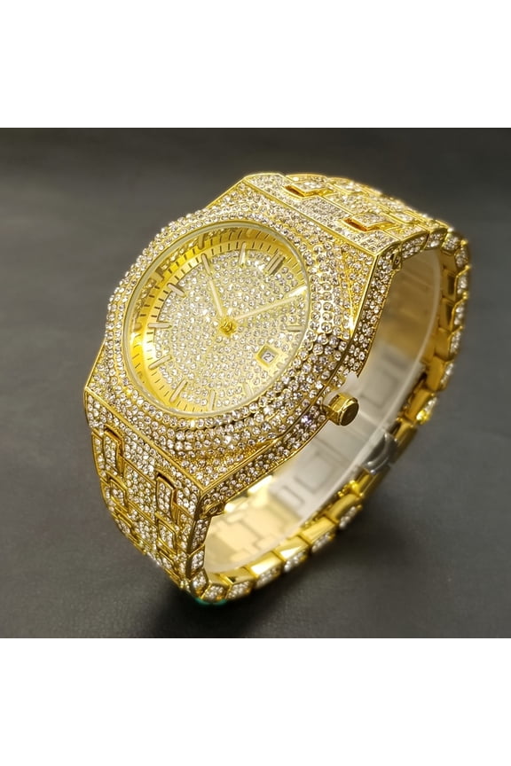 Glam Cubazation Luminous Quartz Watch Compatible for Men & Women - Cuban Link Band, Rhinestone with Date Calendar, Night Glow Analog Wristwatch, Party & Everyday (Alloy Case)