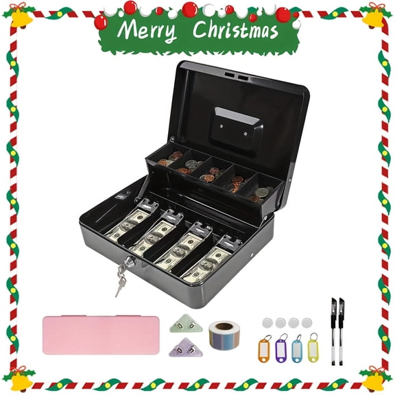 BIBEARBIBEAR Large Cash Box with Money Tray and Lock, With 6 kinds accessories, Large Money Box for Cash Register, Storage Box, Metal locking Cash box, Money box, Security box