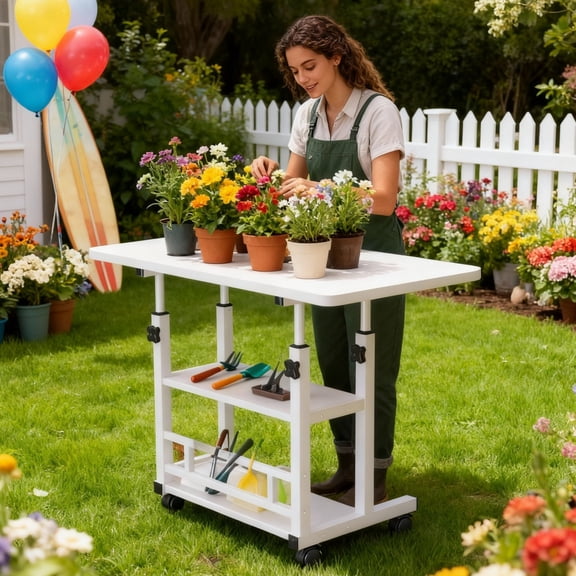 BIBEARBIBEAR Sturdy Adjustable Height Garden Workbench Metal Plant Stand with Lockable Wheels Versatile Outdoor Table for Patio Gardening Office Bedroom