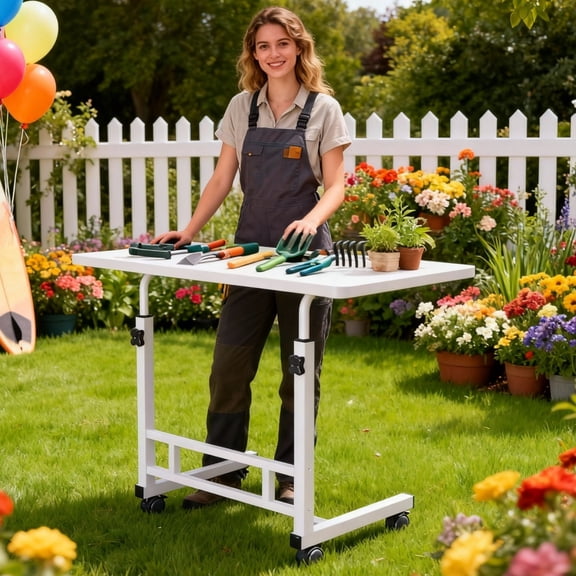 BIBEARBIBEAR Sturdy Adjustable Height Garden Workbench Metal Plant Stand with Lockable Wheels Versatile Outdoor Table for Patio Gardening Office Bedroom