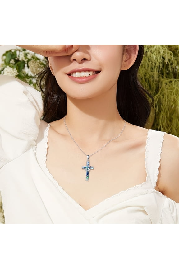 Sunflower Cross Necklace Sterling Silver Hummingbird Cross Pendant Abalone Shell Jewelry Religious Christian Baptism Gifts for Her Women