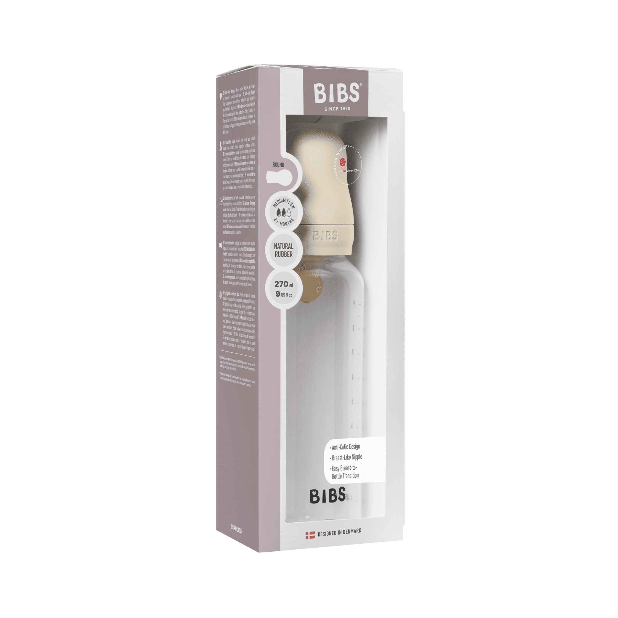 BIBS Baby Bottle with Medium Flow Natural Rubber Latex Nipple, Ivory, 9 oz, 1 Each