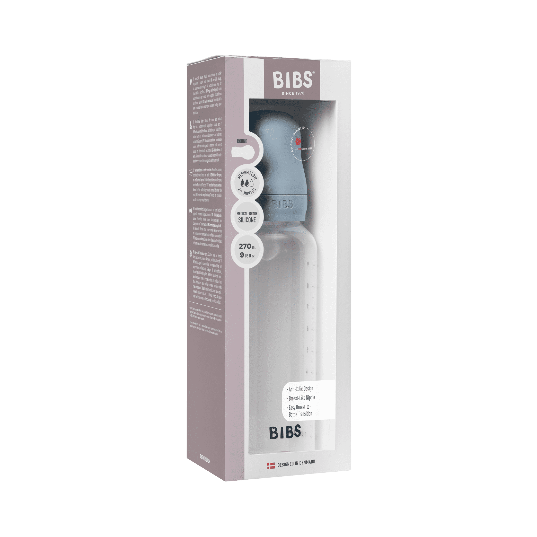 BIBS Baby Bottle with Medium Flow Silicone Nipple, Baby Blue, 9 oz, 1 Each