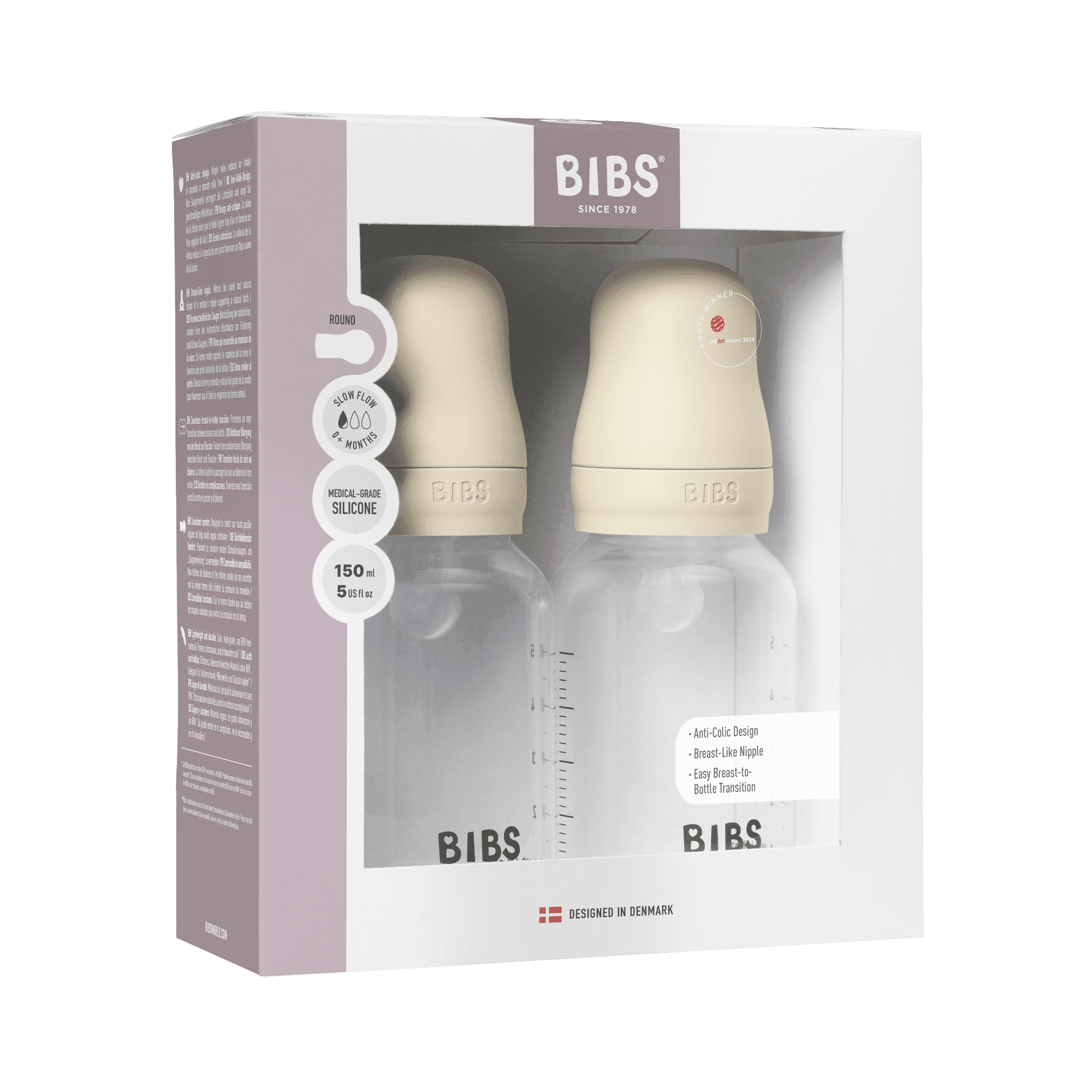 BIBS Baby Bottles with Slow Flow Silicone Nipple, Ivory, 5 oz, 2 pack