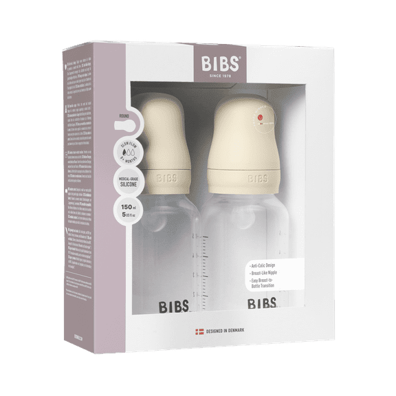 BIBS Baby Bottles with Slow Flow Silicone Nipple, Ivory, 5 oz, 2 pack