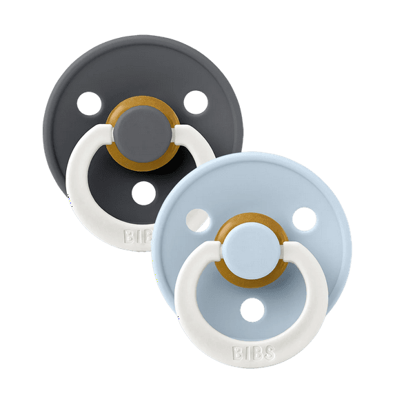 BIBS Colour Glow in The Dark Latex Pacifier Size 2, 6,18 Months, Iron/Baby Blue, 2 Pack