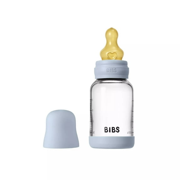 BIBS Glass Baby Bottle with Slow Flow Latex Nipple, 4 oz, Baby Blue, 1 Each