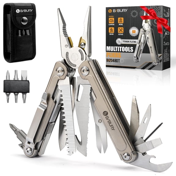 BIBURY Multitool, 24 in 1 Titanium Alloy Handle Multi-Tool Pliers with Pocket Knife and Screwdrivers, EDC Multi Tools with Sheath & Belt Clip, Valentines Day Gifts for Him - 2048DT