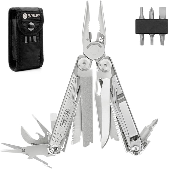 BIBURY Multitool BI2038A, 19-in-1 Stainless Steel Multi Tool with Fold-able Pliers, Screwdriver Sleeve, Scissors, Pocket Knife, Nylon Sheath, Muti-tool for Camping Survival Hiking Hunting Repairing
