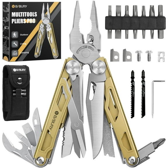 BIBURY Multitool Pliers, 31-in-1 Stainless Steel Multi Tool with Replaceable Wire Cutters and Saw, Foldable Heavy-duty Multitool Set with Scissors and Screwdriver for Hiking Camping Survival Repair