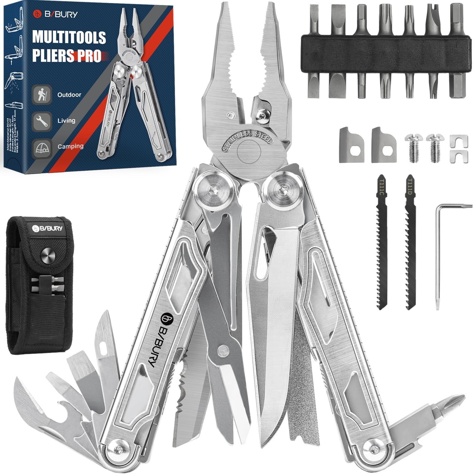 BIBURY Multitool Pliers, 31-in-1 Stainless Steel Multi Tool with Replaceable Wire Cutters and Saw, Foldable Heavy-duty Multitool Set with Scissors and Screwdriver for Hiking Camping Survival Repair