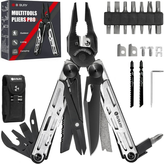 BIBURY Multitool Pliers, 31-in-1 Stainless Steel Multi Tool with Replaceable Wire Cutters and Saw, Foldable Heavy-duty Multitool Set with Scissors and Screwdriver for Hiking Camping Survival Repair