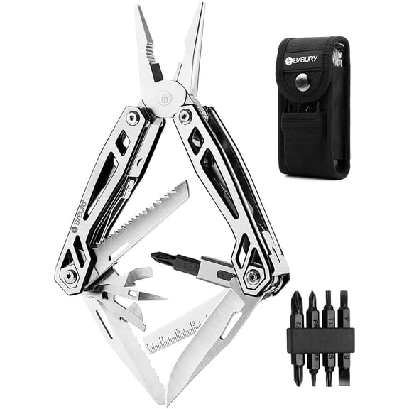 BIBURY Multitool with Pocket Knife, 21-in-1 Stainless Steel Pliers with Screwdriver, Safety Locking Multi tools with EDC Knife for Survival, Camping, Fishing, Repair, Birthday Gifts for Men Women