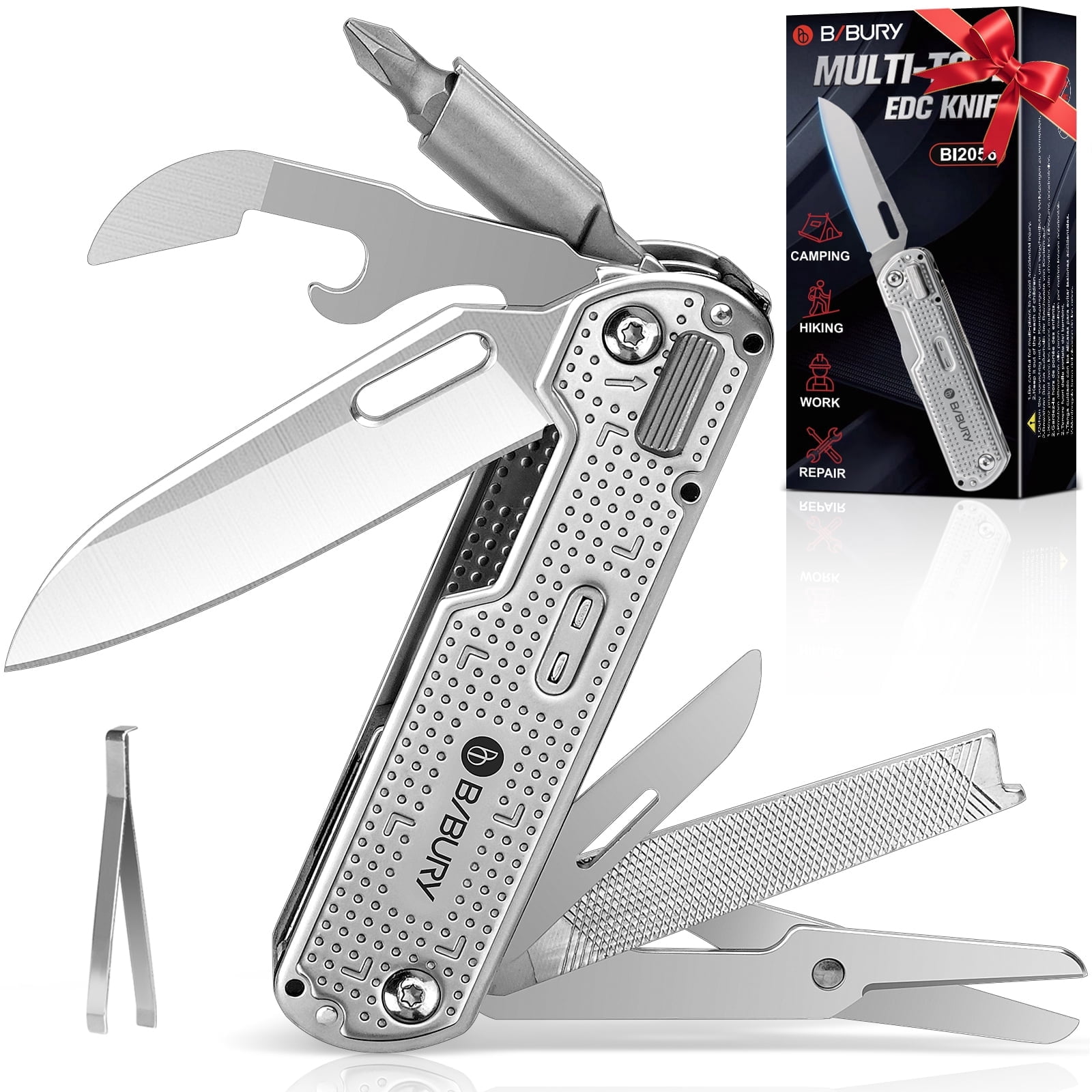 BIBURY Multitool Pocket Knife BI2056, Stainless Steel Multi Tool Knife with Clip, Folding Multitool EDC Knife with Magnetic Locking,Screwdriver,Large Scissors,Glass Breaker for Survival Camping