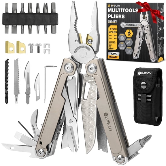 BIBURY Titanium Alloy Multitool with Damascus Knife, EDC Multi tools with Replaceable Wire Cutters, Scissors, Screwdriver Bits, Titanium Handle Multi-Tool for Camping, Survival, Repair - BI2049TI