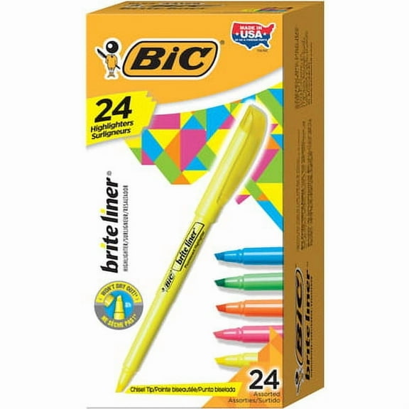 BIC-1PK Brite Liner Highlighter Value Pack, Assorted Ink Colors, Chisel Tip, Assorted Barrel Colors, 24/Set
