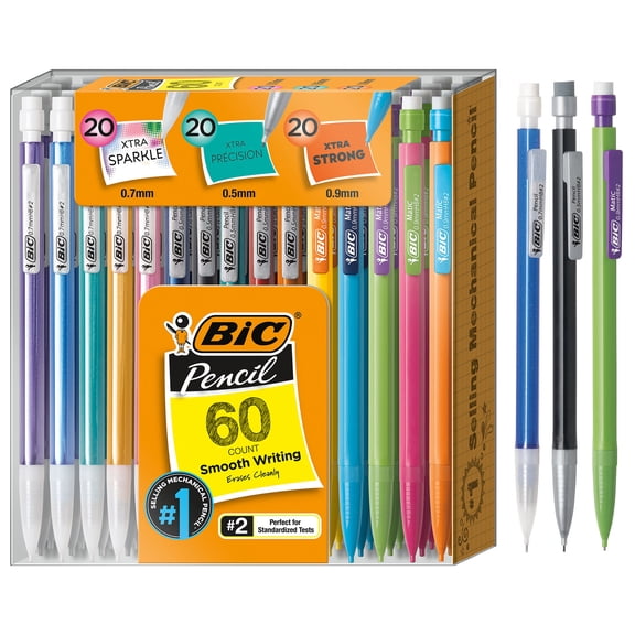 BIC Mechanical Pencil Variety Pack, Number 2 Mechanical Pencils with Erasers, Fine Point (0.5mm), Medium Point (0.7mm) and Thick Point (0.9mm), 60 Count