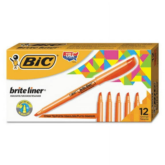 BIC-2PK Brite Liner Highlighter, Fluorescent Orange Ink, Chisel Tip, Orange/Black Barrel, Dozen