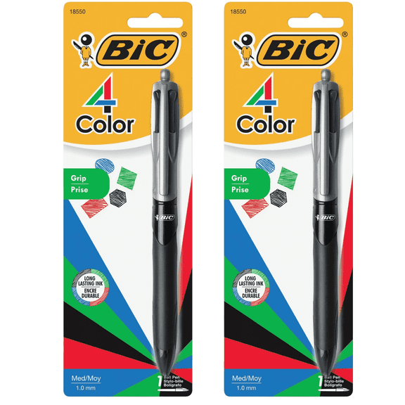 BIC 4-Color Grip Ballpoint Pen, Medium Point, 1.0 mm, Assorted Ink, 2 Pack