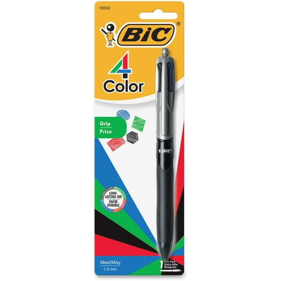 BIC 4-Color Grip Ballpoint Pen, Medium Point, 1.0 mm, Assorted Ink, 1 Count