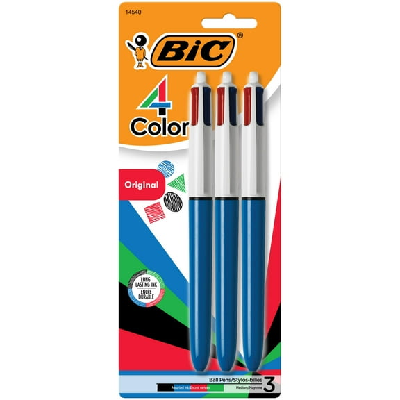 BIC 4-Color Original Retractable Ball Pens, Medium Point (1.0mm), 3-Count Pack, Retractable Ball Pen With Long-Lasting Ink C40