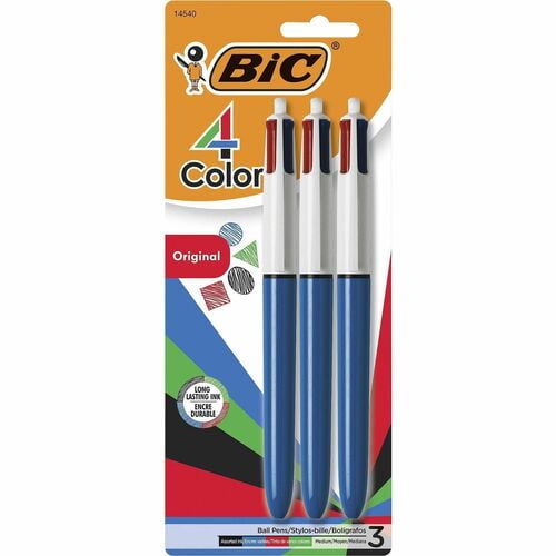 BIC 4-Color Retractable Ball Pen, Refillable, Black, Blue, Green, Red Ink, Opaque Blue Barrel (MMP31) | 2 Packs (6 Total)