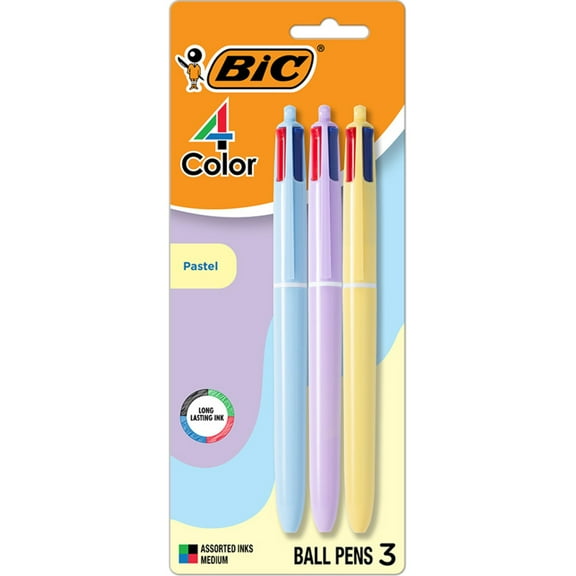 BIC 4-Color Retractable Ball Point Pen, Medium 1.0MM Point, Assorted Pastel Barrels, Assorted Ink Pack Of 3