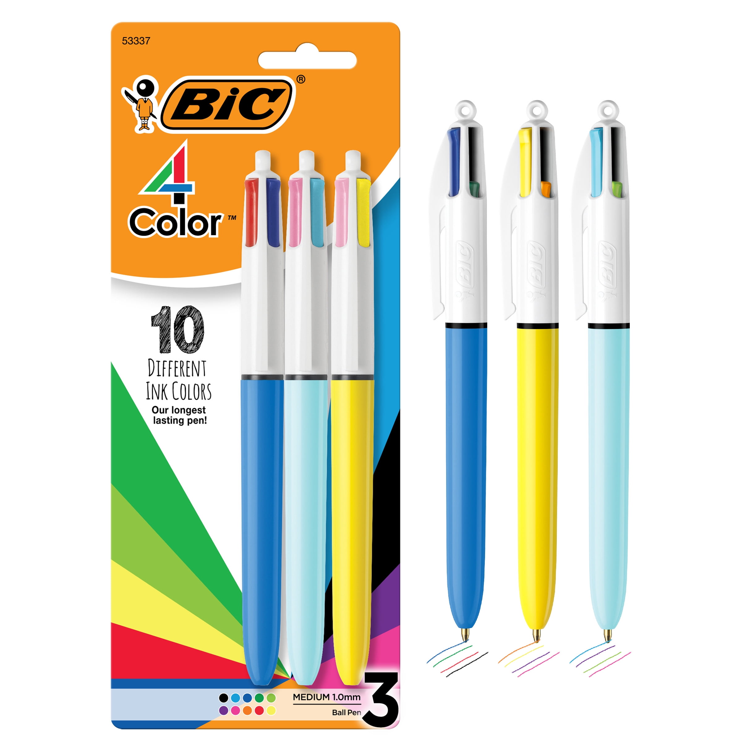 BIC 4-Color Retractable Ballpoint Pens, Medium Point, 1.0 mm, Assorted Ink Colors, 3 Count