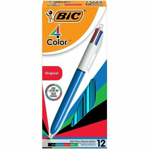 BIC 4-Color Retractable Pen, Refillable, Multi, Black, Red, Green Ink, Blue, White Barrel (MM11) | 2 Boxes (24 Total)