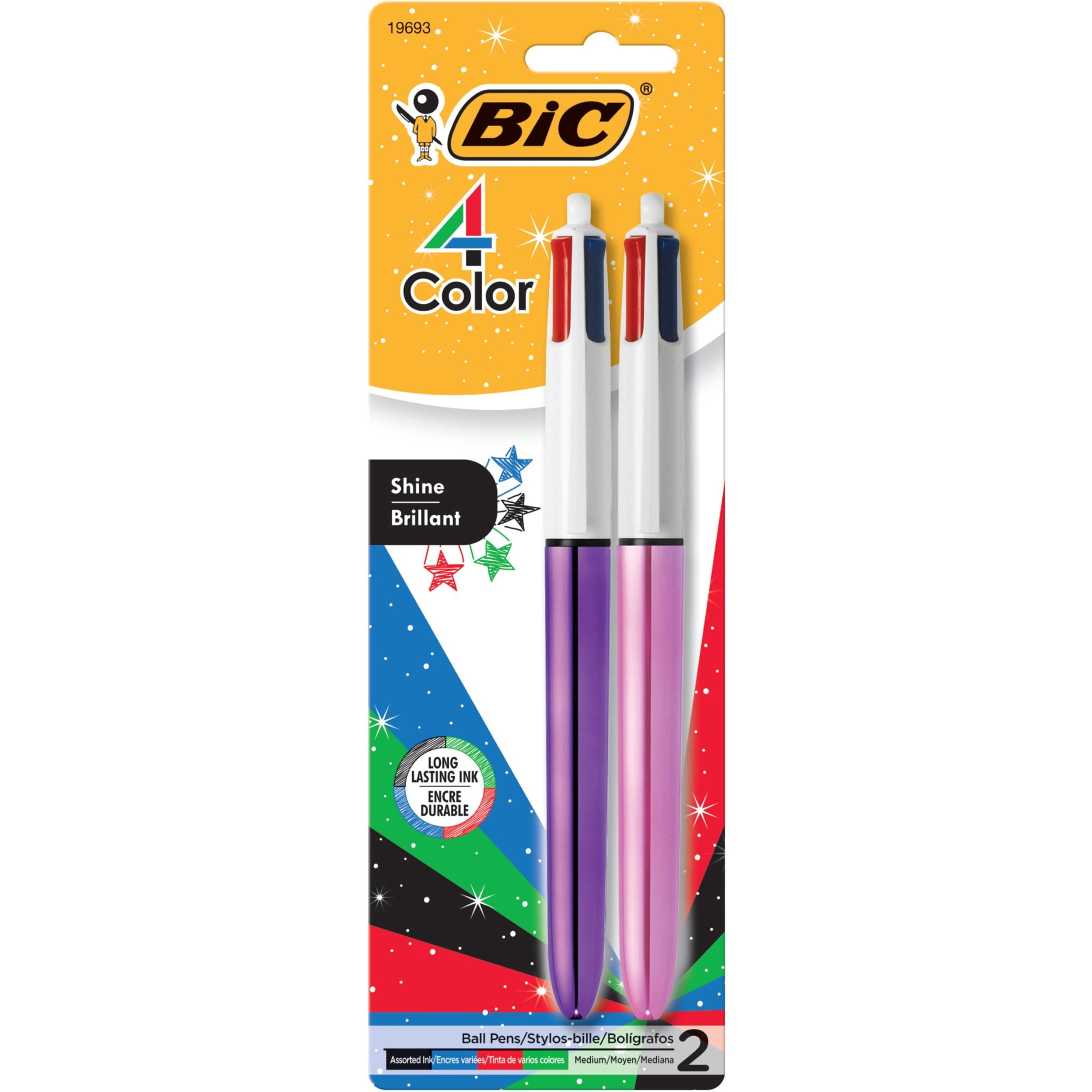 BIC 4-Color Shine Ball Pen, Medium Point (1.0 mm), Metallic Barrel, Assorted Inks, 2-Count 19693