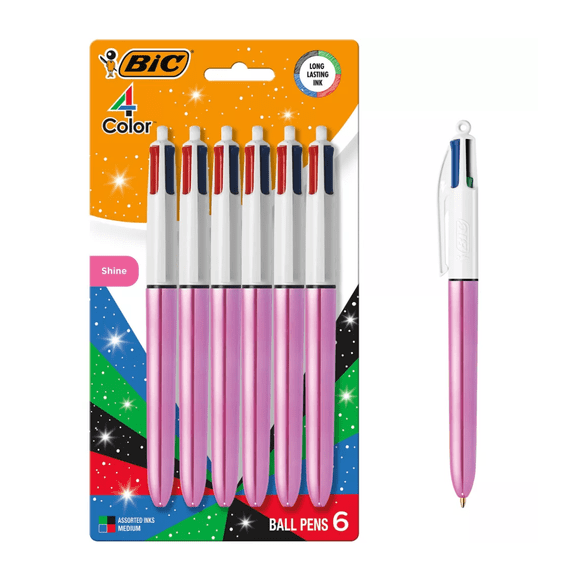 BIC 4 Color Shine Retractable Ballpoint Pen, Versatile 1.0 mm Point, Long-Lasting Ink, 6-Count in Assorted Colors