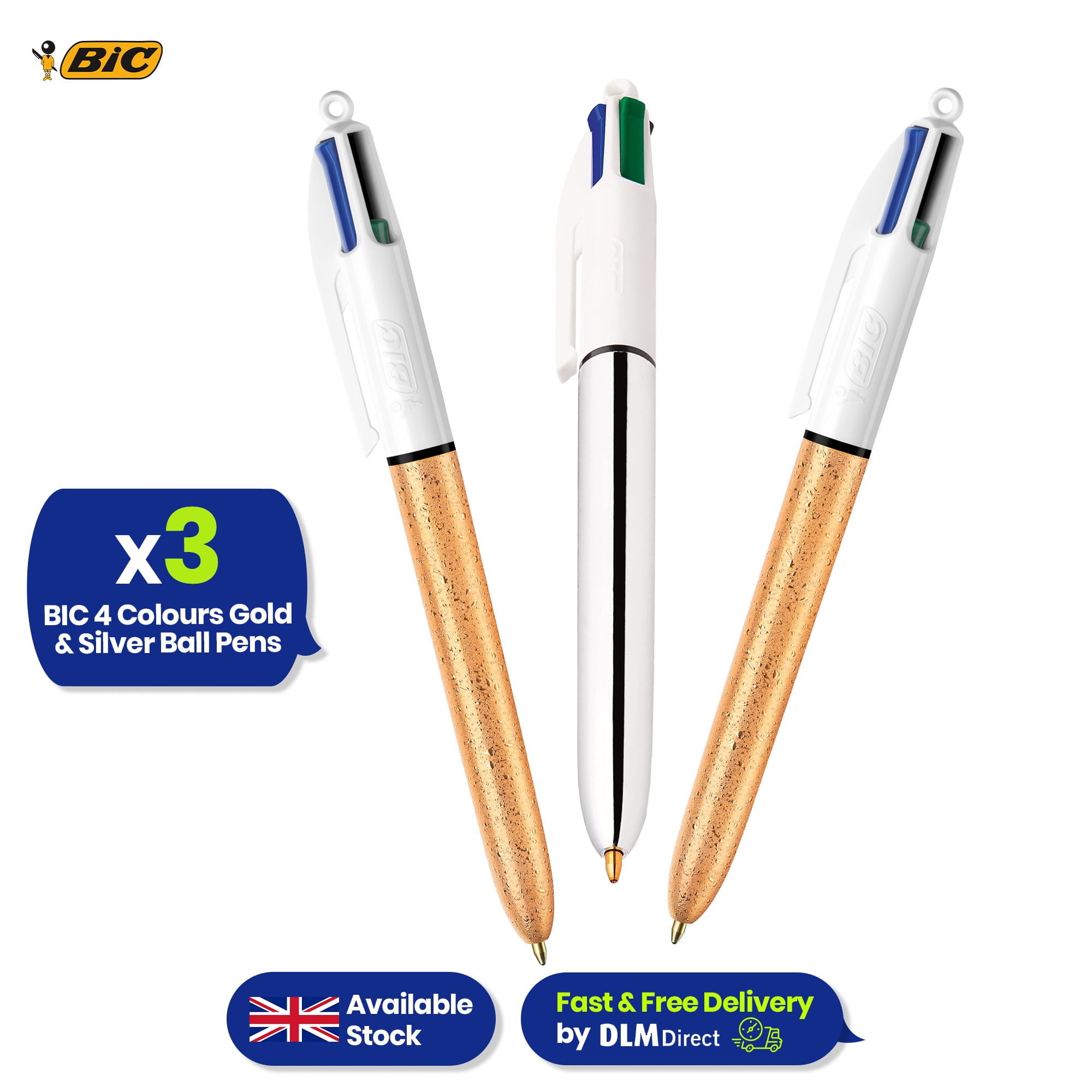 BIC 4 Colours Gold Frozen and Silver Ball Pens Pack of 3 with 4 Ink Colours