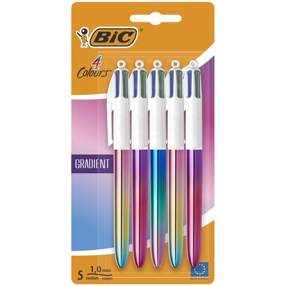 BIC 4 Colours Gradient Retractable Ballpoint Pens  Medium 1.0mm  Tri-Colour Gradient Barrel Designs  All-in-One Multi-Coloured Ink  Pack of 5