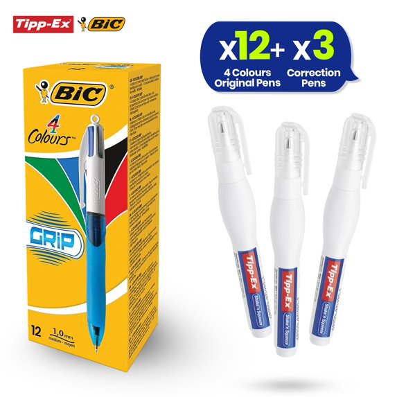 BIC 4 Colours Grip Pens 12 Pack and Tipp-Ex Shake n Squeeze Correction Pens 3 Pack