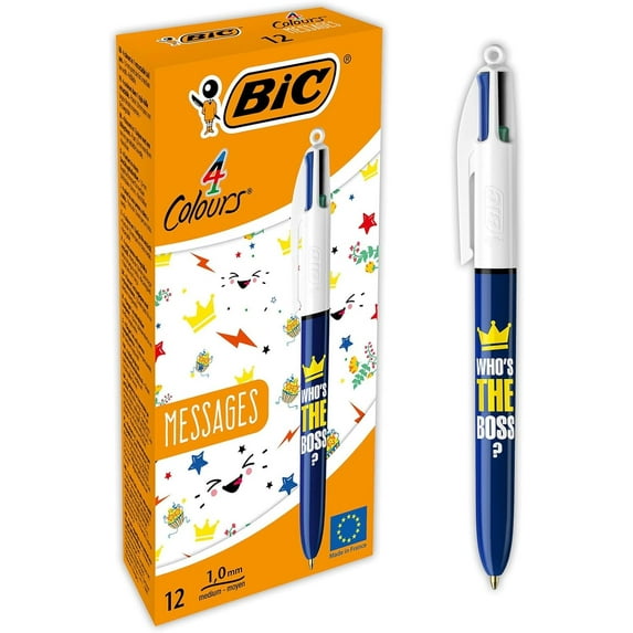 BIC 4 Colours Messages Ballpoint Pens Medium Point (1mm) - Who's The Boss Design, Box of 12