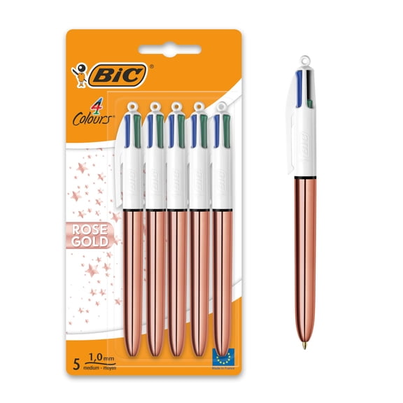 BIC 4 Colours Rose Gold Pen, Multi Coloured Pens All In One, Retractable Ballpoint Pen, Medium 1.0mm, Green, Blue, Red, Black, 5 Pens Per Pack, 1 Pack