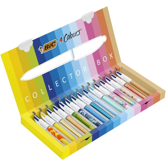 BIC 4 Colours Special Collection 15 Ballpoint Pens Medium 1.0mm & Wide 1.6mm Points Assorted Ink Colours Multi-Coloured Writing Set Box of 15